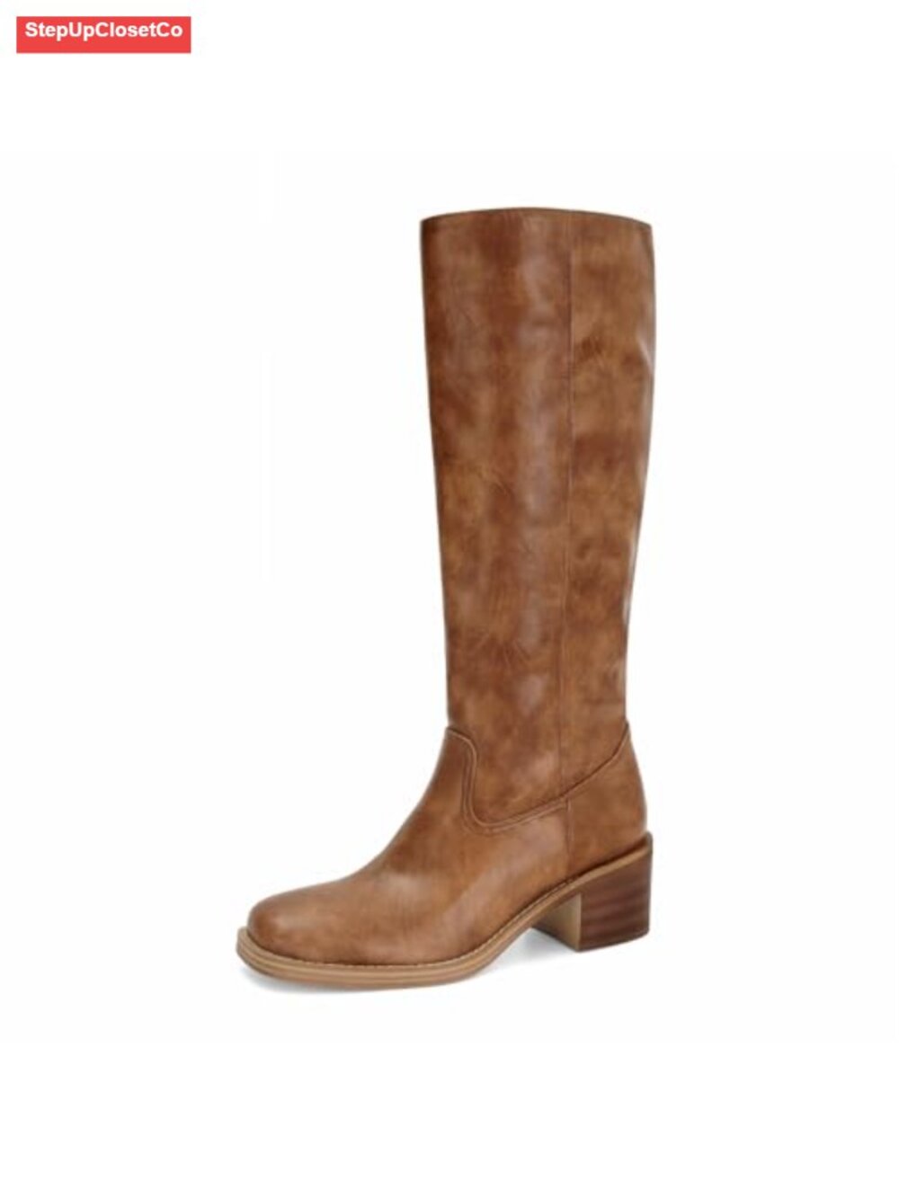 Knee High Boots Square Toe Chunky Block Heel Pull On Faux Leather Wide Calf